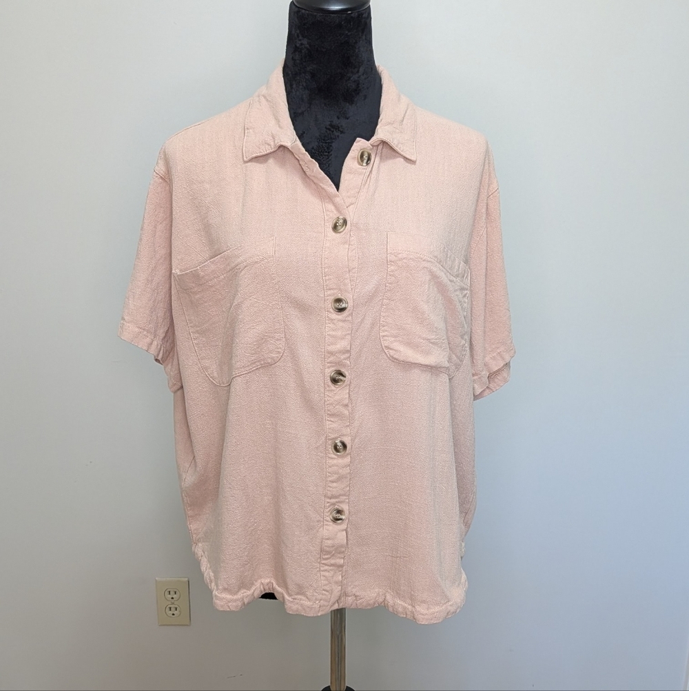 Lyn Burches Pocketed Oversized Taupe Pink Sz Sm Button Down Shirt Linen Blend